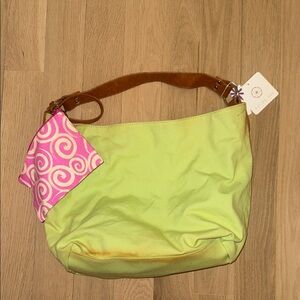 Canvas Hobo Shoulder Bag in Lime Green with Pink Accent